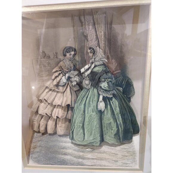 Antique Framed Victorian Style 3D Shadow Box Art With Two Women In Elegant Dress - Picture 6 of 7